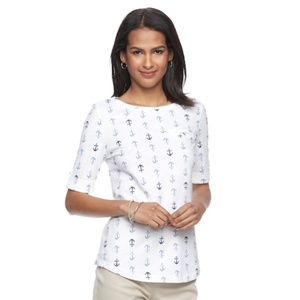 XL Blue Anchor Print Croft & Barrow Cuffed Elbow Sleeve Tee